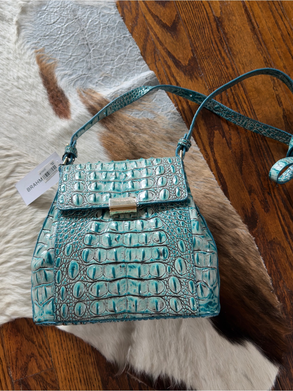 Brahmin Teal Croc-Embossed Leather Crossbody Bag